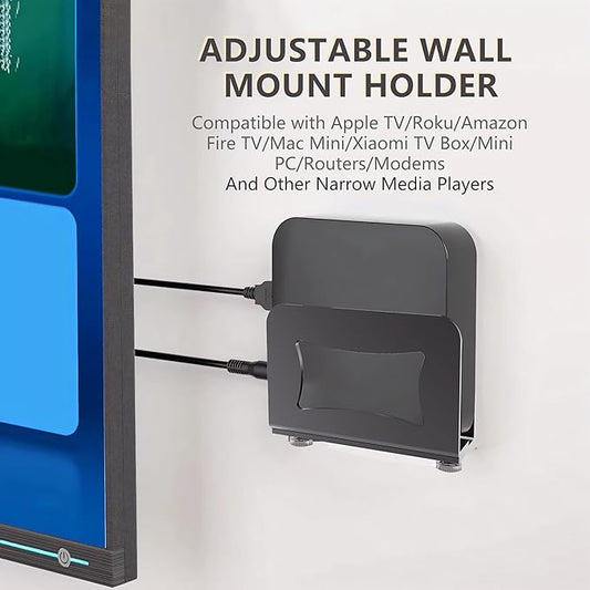 Adjustable Small Device Wall Mount Holder for Apple TV,ROKU,Router,Cable Box,Fire TV,Modem and Other Media Players, Universal Metal Bracket with Adhesive Tape & Screws Fits for 0.9"-1.8" Thick Devices