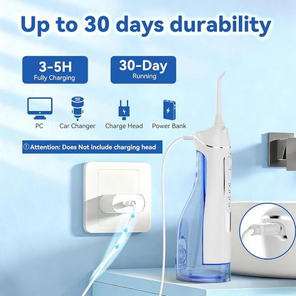 Cordless Portable Water Flosser with 300ML Tank: Rechargeable Oral Irrigator with 5 Tips for Travel, Braces Care and Sensitive Gums, IPX7 Waterproof Teeth Cleaning Device(White)