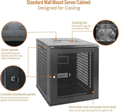 Tecmojo 12U Wall Mount Rack Network Cabinet for 19” IT Equipment,with Lockable Mesh Door and Removable Side Panels,Cooling Fan,Black,17.7inch Deep