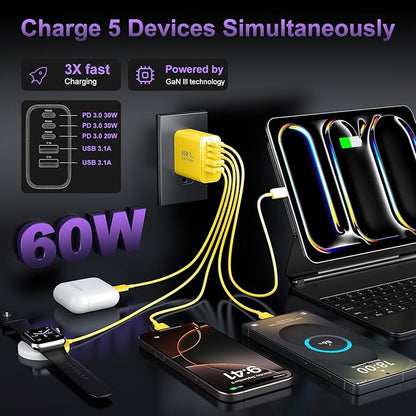 USB C Fast Wall Charger Block, 2Pack 60W USBC Charging Cubes, 5-Port PD+QC Power Adapter Multiport Brick Type C Box Plug for Phone 16/15/14/13/12/11/Pro Max/Plus, Pad Mini/Pro/S25/S24-Yellow