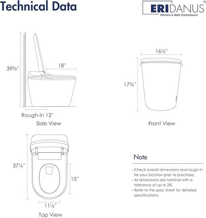 Eridanus Smart Toilet with Bidet Built in, One Piece Bidet Toilet for Bathrooms, Auto Open/Close with Digital Display, Foot Sensor Flush, Warm Water Wash & Dryer, Elongated Heated Seat, White