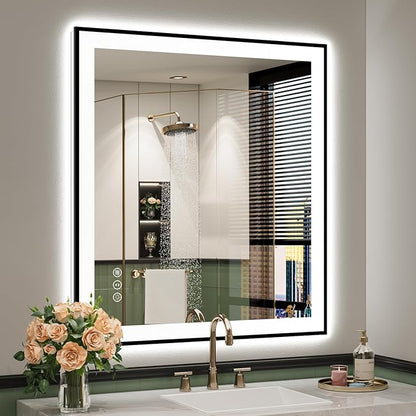 YEELAIT 32x36 Inch LED Bathroom Mirror with Lights (Front Lit and Backlit) Black Framed Lighted Vanity Mirror for Bathroom Wall Dimmable Anti-Fog Memory Tempered Glass Horizontal/Vertical
