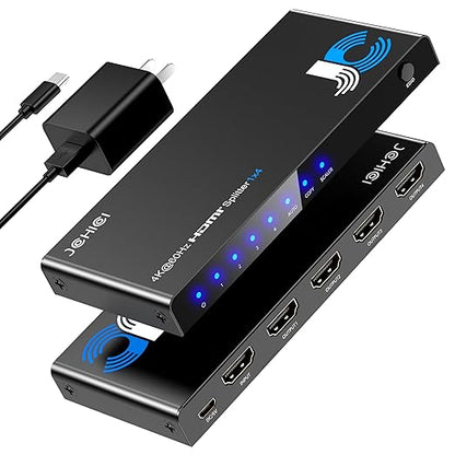 JCHICI HDMI Splitter 1x4 for PS5/Xbox/Apple TV - 4K@60Hz HDMI Switcher Splitter with HDR10 & Dolby Vision, 1 in 4 Out with EDID Modes (Auto/Copy/Downscale), HDCP 2.2, 18Gbps for Home Theater