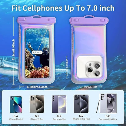 Floatable Waterproof Phone Pouch Case for iPhone 16 Pro Max/15/14/13/12, IP68 Travel Cellphone Dry Bag Beach Cruise Ship Essentials Bags with Crossbody Lanyard, Iridescent Purple-7″2 Pax