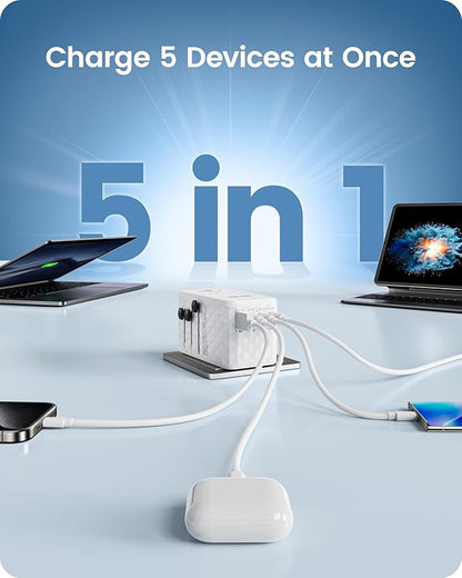 LENCENT 140W International Travel Adapter, GaN Universal Travel Adapter with 1 USB-A & 3 Type C Power Adapter, Fast Charger for Phone,Laptops, Worldwide Plug Adapter for USA/UK/EU/AUS, White