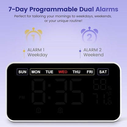Dekala Bed Shaker Loud Alarm Clock for Heavy Sleepers Adults, Vibrating Dual Alarm Clocks for Bedrooms, Large Display Auto Dimmer,Temperature & Humidity Detect, 7-Day Programmable, Ideal Gift