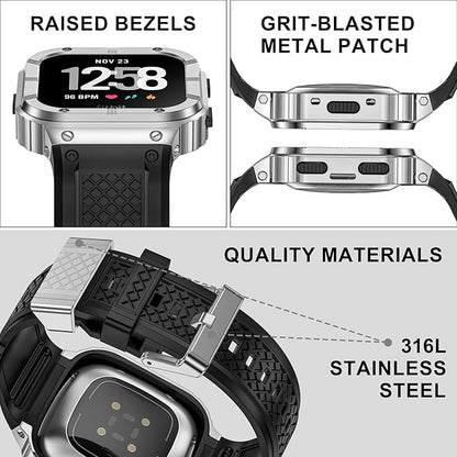 MioHHR Stainless Steel Case and Band Compatible with Fitbit Versa 4/3/2/Lite/Sense/Sense 2 Bands with Metal Case, Rugged Sports Protector Cover Silicone Wristbands for Men, Silver