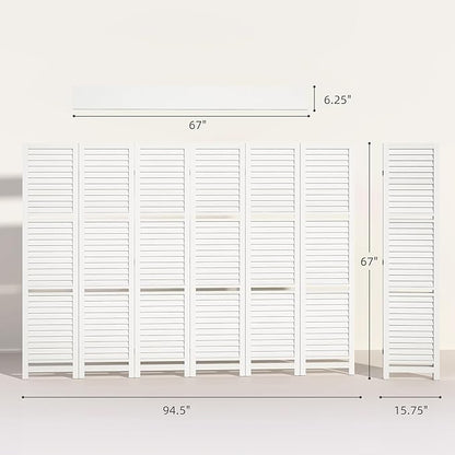 HOMCOM Room Divider, 6 Panel 67" Tall Wood Privacy Screen with 3 Display Shelves, and Folding Storage for Bedroom or Home Office, White