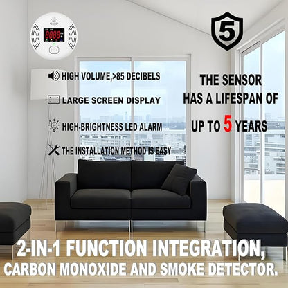 Vzmcov Carbon Monoxide and Smoke Detector Equipped with LCD Display, Battery Powered, Dual Sensor Alarm, 85dB Voice Alarm and Real-time CO Tracking, Suitable for Home/Kitchen/Bedroom/RV 1-Pack