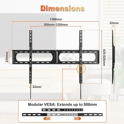 PUTORSEN 37-140'' Heavy Duty TV Wall Mount, up to 275lbs, Low Profile Fixed TV Wall Mount, with Quick Lock and Release, Max VESA 1200 x 800mm, Fits 16"/18"/24" Stud, Flush Slim Design