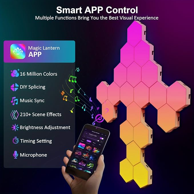 ODISTAR Hexagon Wall Light Panels (8 Pack)- Smart APP RGB Hexagonal LED Modular Lights with Remote Control,Music Sync Features for Gaming Rooms,Living Rooms, Bedrooms, DIY Enthusiasts and Gift Options