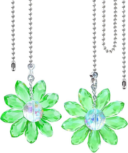 LEFERS Ceiling Fan Pull Chain, 2 Pieces 1.8" Crystal Glass Flower Pendants with 24" Ceiling Fan Chain Extender and Connector (Green)
