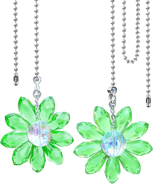 LEFERS Ceiling Fan Pull Chain, 2 Pieces 1.8" Crystal Glass Flower Pendants with 24" Ceiling Fan Chain Extender and Connector (Green)