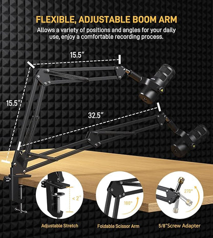 MAONO XLR Podcast Dynamic Microphone, Cardioid Studio Mic with Boom Arm for Vocal Recording,Streaming,Gaming, Voice Isolation Technology, Metal Mic, Works for Audio Interface, Mixer-PD100S
