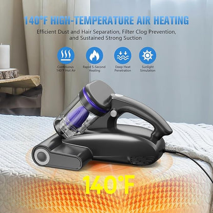 Bed Vacuum Cleaner Mattress Vacuum Cleaner,16Kpa Powerful Handheld Vacuums with UV-C Light & Double Dust Cup & High Heating & Ultrasonic & Anion for Bed Sofa