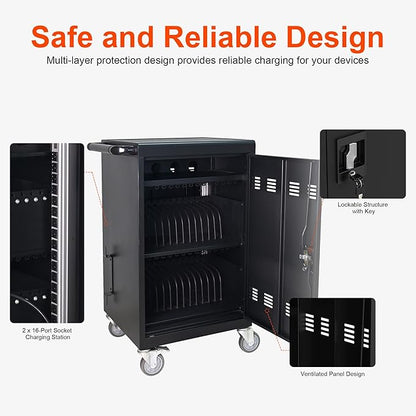 Aokleo Laptop Charging Cart,32 Devices Tablet Storage Carts for Pad Up to 16.3" Screen Size, Classroom Computer Mobile Charging Station for Pads,Chromebooks,Laptops,Security Storage (30+2 Bay-Black)