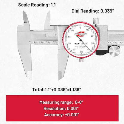 Standard Gage 0-6" Range SAE Dial Caliper Measuring Tool, Analog Precision Micrometer Caliper ±0.001" Accuracy, Manual Mechanical Metal Stainless Steel Measuring Dial with 4-Way Measurements