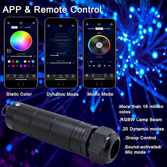 AZIMOM Car Use Bluetooth 6W RGBW LED Fiber Optic Lights Star Ceiling Light Kit APP Remote Control Mixed 430pcs 9.8ft Fiber Cable Music Mode Sensory Lighting Indoor Home Interior Decoration