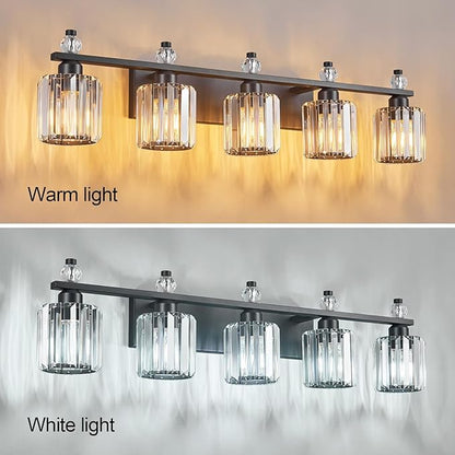 FDPBY Bathroom Vanity Lights 5-Light Sand Black Modern Crystal Vanity Light Fixtures Over Mirror Crystal Bathroom Vanity Lighting Fixtures