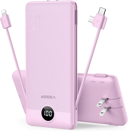 VEGER Portable Charger for iPhone Built in Cables and Wall Plug, 10000mah Slim Fast Charging USB C Power Bank, Travel Essential Battery Pack Compatible with iPhones, iPad, Samsung More Devices(Purple)