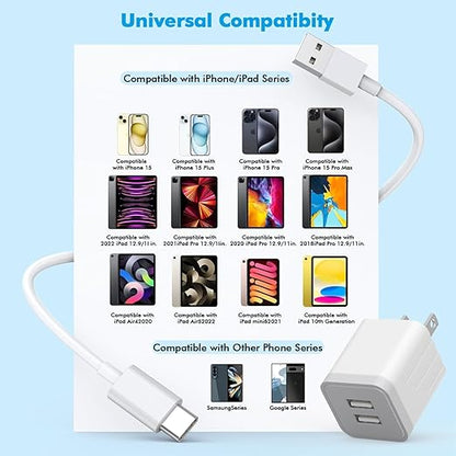 10FT iPhone 16 15 Charger,2Pack Dual Port 20W Fast Charging Block iPad Charger Plug Power Adapter 10Foot USB to USB C Cable Cord for iPhone 16/16 Pro Max/16 Plus/15/15 Plus/15 Pro/iPad Mini6/iPad Air5