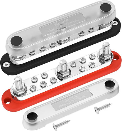 DAIERTEK 300A Copper Bus Bar 12V, Power Distribution Block with Cover 3 x 3/8” M10 Studs & 10 x M5 Terminal Screws for Car Marine Solar Battery Negative & Positve