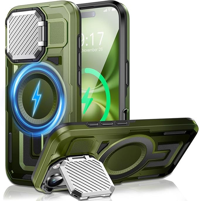 Camera Stand Case for iPhone 16 Plus, [Compatible with Mag Safe] [Lens Cover] 2024 Version Military Grade Protective Soft Case for iPhone 16 Plus 6.7 inch Men Women,Green