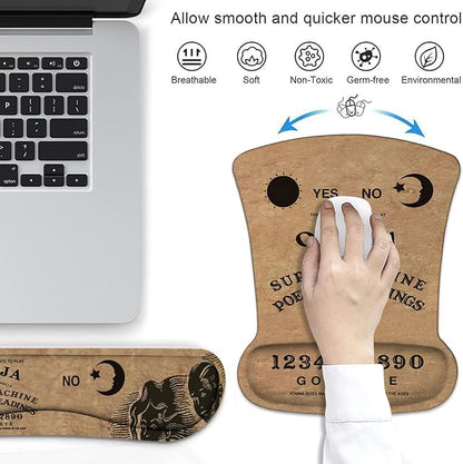 Ergonomic Mouse Pad Wrist Support and Keyboard Wrist Rest Set with Coasters, Non-Slip PU Base, Easy Typing and Relieve Wrist Pain, Perfect for Home Office Working Studying, Retro Ouija Board