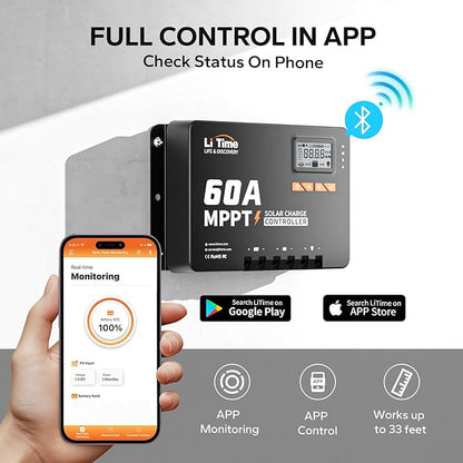 LiTime 60 Amp MPPT 12V/24V/36V/48V/Auto DC Input Solar Charge Controller is Equipped a Built- in Bluetooth Module, with Parameter Adjustable LCD Display LED Indicators Solar Panel