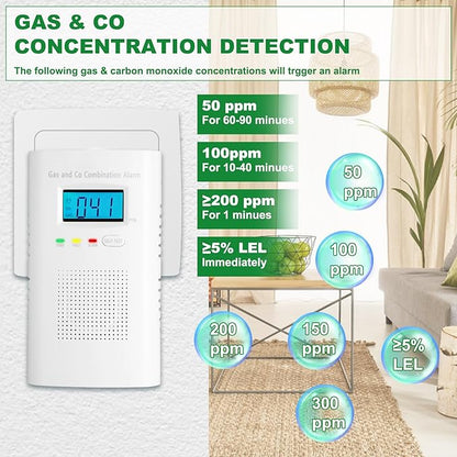 Combination Gas and Carbon Monoxide Detector Plug-in | CO Alarm & Natural Gas Combustible Detector | Digital Display, Battery Backup, Easy Install | for Home Kitchen Safety Monitoring 2-Pack