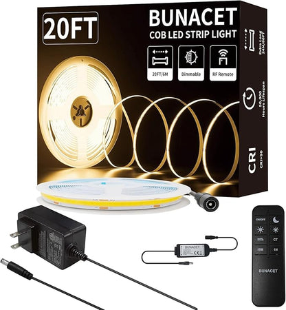 BUNACET COB LED Strip Lights, Bright COB LED Lights 20ft LED 3000K Cool White Dimmable LED with RF Remote Under Cabinet Lighting for Bedroom Counter Kitchen