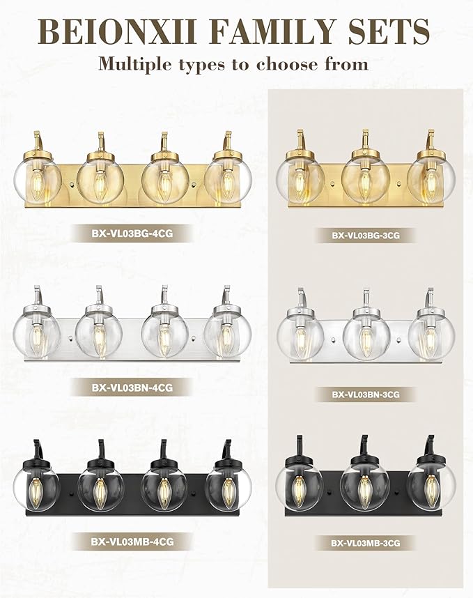Beionxii 4-Light Bathroom Light Fixtures, Brushed Nickel Bathroom Vanity Light Over Mirror, Modern Vanity Lights with Clear Glass Shade for LivingRoom Hallway, BX-VL03BN-4CG