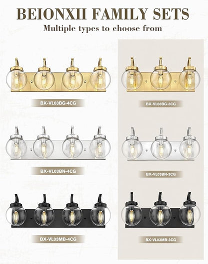 Beionxii 4-Light Bathroom Light Fixtures, Black Bathroom Vanity Light with Clear Glass Shade, Modern Vanity Lighting Fixtures Over Mirror Living Room Hallway, BX-VL03MB-4CG