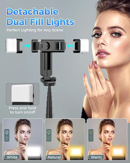 Kinwald 3-in-1 Phone Tripod with LED Lights & Remote, Extendable Selfie Stick Tripod Stand, Compact Portable with Bluetooth Remote for iPhone/Android Vlogging & Photography (Black)