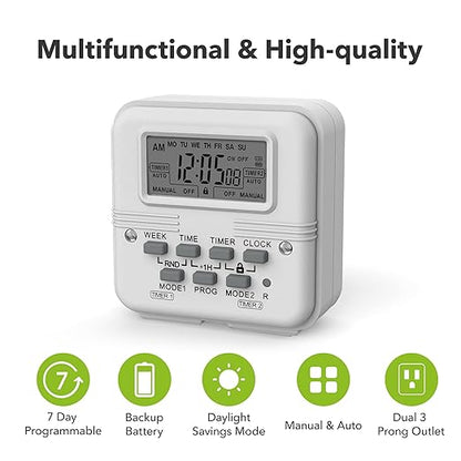 BN-LINK Indoor Digital Light Timer, 7 Day Programmable Plug with 2 Independent 3-Prong Outlets, for Lamps, Fans, 2 On/Off Settings, 1 Pack, 15A/1875W, ETL Listed