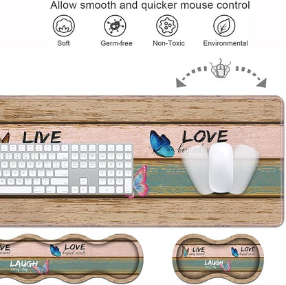Ergonomic Keyboard Wrist Rest & Mouse Pad Wrist Rest Set, Large XXL Gaming Desk Mat 31.5"x 11.8" with Memory Foam, Easy Typing Pain Relief for Office & Home, Vintage Wood Board Live Laugh Love