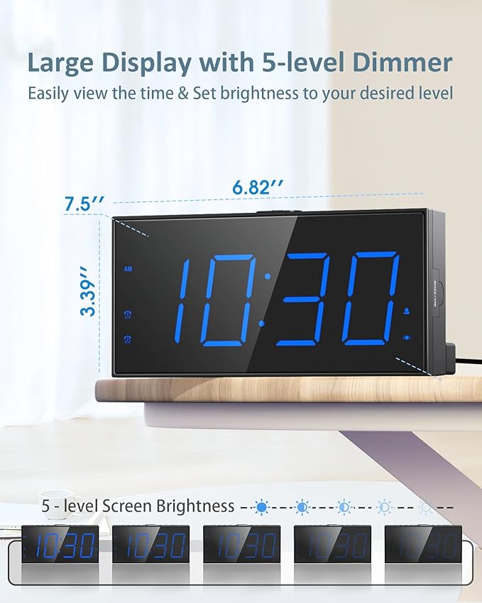 Roxicosly Loud Alarm Clock with Bed Shaker, Vibrating Alarm Clock for Heavy Sleepers/Hard of Hearing/Deaf/Teens, Dual Alarms with 7.5’’ Large LED Display, USB Charger, Dimmer, Snooze & Battery Backup