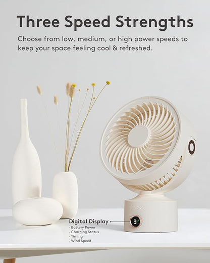 CARONSORT Desk Fan, Small Oscillating Fan for Bedroom, 9 Inch Table Fans Quiet,Desk Air Circulator Fan with 3 Speeds, 4H Time, Rechargeable Fan for Office/Dorm/Room-Beige