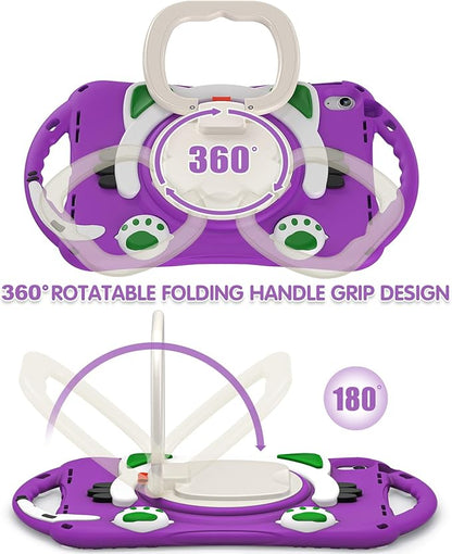 BRAECN Cute Cat Case for iPad (A16) 11th/10th Generation 11”/10.9'' 2025/2022, Silicone Kids Boys Case with Pencil Holder, Carrying Shoulder Strap, 360°Rotating Handle Grip & Kickstand, Purple