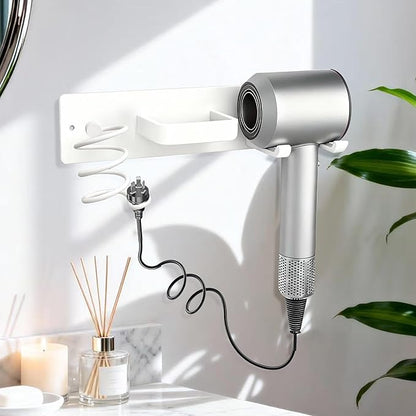 Dovyn Blow Dryer Holder Wall Mount, 3 in 1 Bathroom Hair Tool Organizer with Curling Iron Holder & Flat Iron Holder, Universal Hair Dryer Holder Rack Storage White