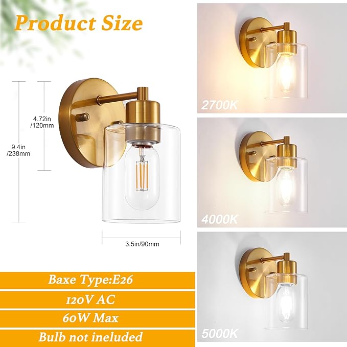 SOPEAS Brushed Gold Wall Sconce, Gold Vanity Light Modernbathroom Light fixtures with Clear Glass Shade Entrance Lamp Hallway Living Room Mount Bathroom Fixtures for Mirror (2PACK)