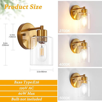 SOPEAS Brushed Gold Wall Sconce, Gold Vanity Light Modernbathroom Light fixtures with Clear Glass Shade Entrance Lamp Hallway Living Room Mount Bathroom Fixtures for Mirror (2PACK)