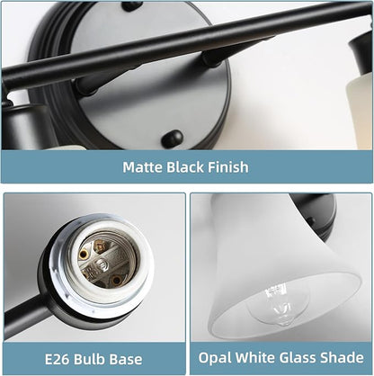 LOUSACE 2 Light Bathroom Vanity Light Matte Black Bathroom Lighting Fixtures Over Mirror with Opal White Frosted Glass, Vintage Traditional Wall Lighting Fixture Vanity Lights