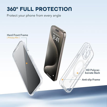 Magnetic for iPhone 15 Pro Case, Compatible with MagSafe, Built-in Privacy Screen Protector and Camera Protection, Anti Spy Full Body Dustproof Shockproof Hard Phone Case 6.1", Shiny Clear