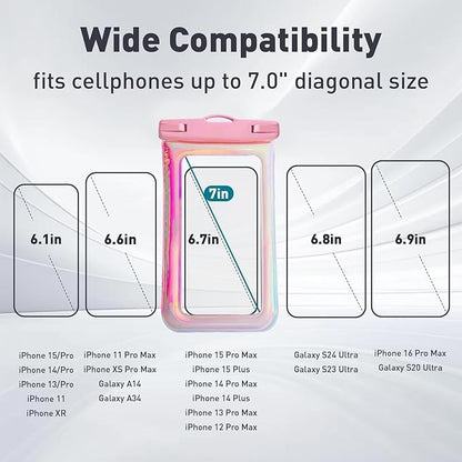 Floatable Waterproof Phone Pouch Case 2 Pax for iPhone 16 Pro Max/15/14/13/12, IP68 Travel Cellphone Dry Bag Beach Cruise Ship Essentials Bags with Crossbody Lanyard, Iridescent Pink and Blue-7″