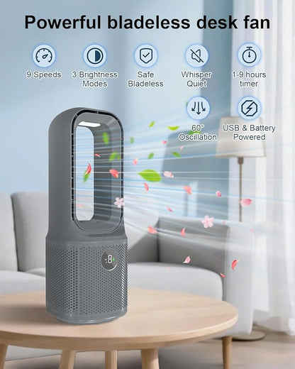 MEIIS Desk Fan Bladeless, 14 Inch USB Rechargeable Tower Fan with 9 Speed Adjustable, 3 Light, 60° Oscillating, 9H Timer, 5000mAh Battery Cooling Small Table Fan for Bedroom, Office, Nightstand, Grey