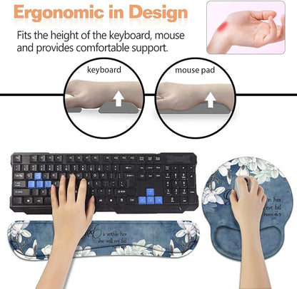 Keyboard Wrist Rest + Mouse Pad Wrist Support Set with Coasters, Non-Slip PU Base Ergonomic Mousepad for Home Office Working Studying Easy Typing & Pain Relief, Quote Bible Verses Psalm 46:5