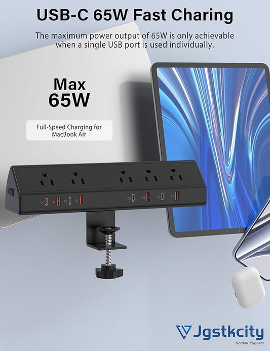 Desk Clamp Power Strip 65W Fast Charging Station,4 PD USB-C,5 Outlets,Nightstand Desk Edge Mount Tower Surge Protector,15 Amp Heavy Duty Power Strip,Fits 1.96" Tabletop Edge (Black, 6 FT Cable)