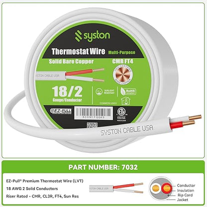 Syston 18/2 Thermostat Doorbell HVAC Heating Control Cable Wire, 18 AWG 2 Conductors 100% Solid Copper Conductors CL3R/FT4/CMR Riser-Rated, UV Resistant RoHS for Low Voltage Applications Use