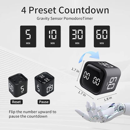 Productivity Timer Flip Gravity Sensor Cube Timer Countdown & Countup,Mute & Vibrate & Sound，5/10/30/60min & Custom Timing, Perfect for ADHD,Work,Learning,Kitchen Cooking (2 Black)